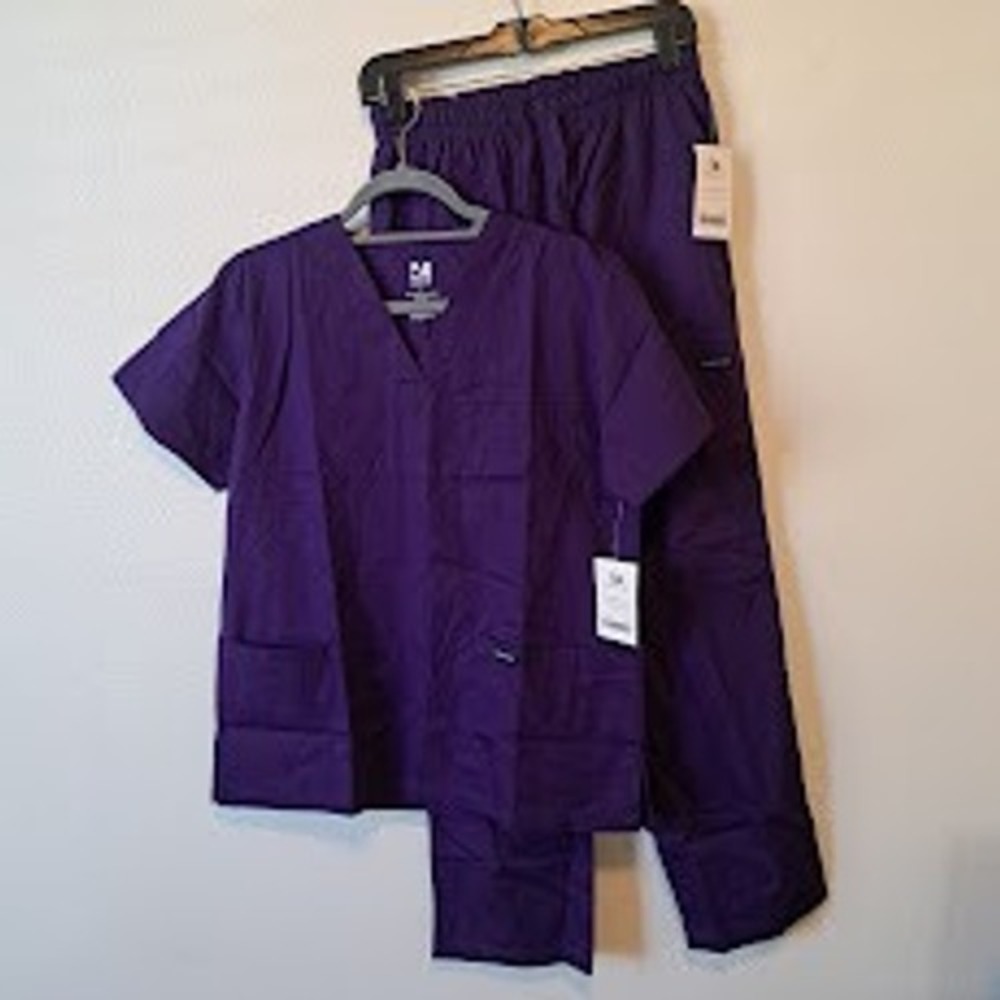 Dagacci Womens Scrub Set Purple V-Neck Top Cargo Pants Medical Uniform Small NEW